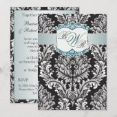Zwart wit Damask blauwgroen, Monogrammen bruiloft Kaart (Voorkant / Achterkant)