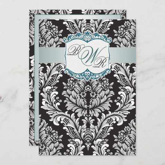 Zwart wit Damask blauwgroen, Monogrammen bruiloft Kaart (Voorkant / Achterkant)