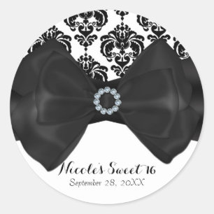 Zwart & Wit Damask Bling Bow Glam Sweet 16 Party Ronde Sticker