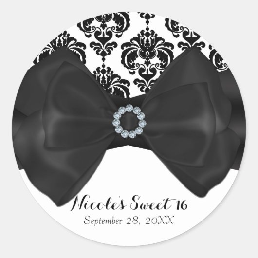 Zwart & Wit Damask Bling Bow Glam Sweet 16 Party Ronde Sticker (Voorkant)