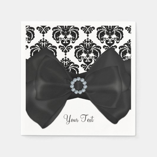 Zwart & Wit Damask Bling Bow Glam Sweet 16 Party Servet (Voorkant)