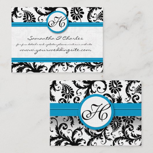 Zwart & Wit Damask Bloemen met Heldere Aqua Trim Visitekaartje (Voorkant / Achterkant)