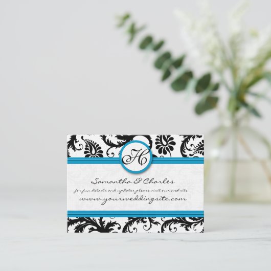 Zwart & Wit Damask Bloemen met Heldere Aqua Trim Visitekaartje (Staand voorkant)