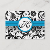 Zwart & Wit Damask Bloemen met Heldere Aqua Trim Visitekaartje (Achterkant)