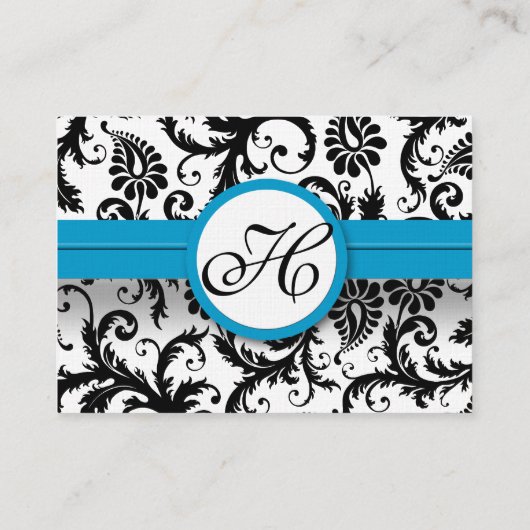 Zwart & Wit Damask Bloemen met Heldere Aqua Trim Visitekaartje (Achterkant)