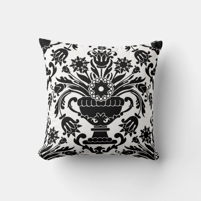 Zwart-wit Damask Bloempatroon Elegant Kussen (Voorkant)