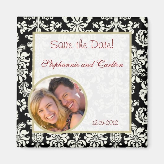 Zwart/wit Damask bruiloft aankondiging magneet (Voorkant)