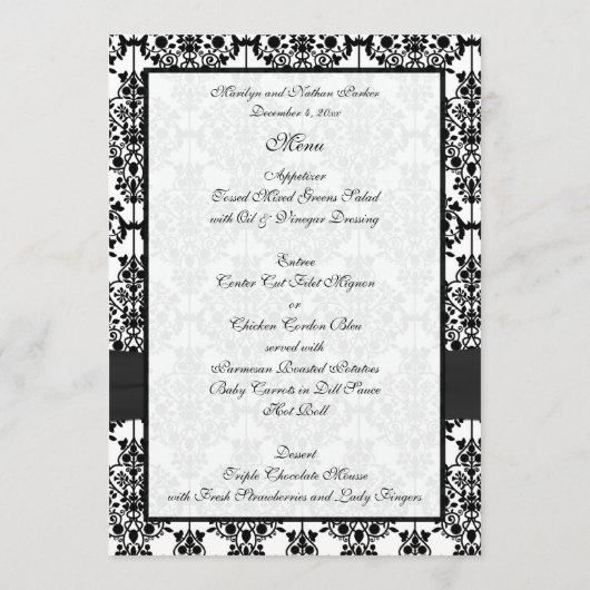 Zwart-wit Damask Bruiloft Menu Kaart (Achterkant)