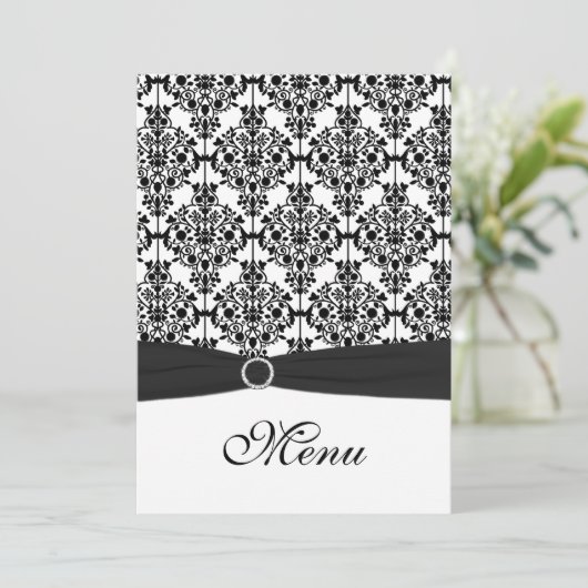 Zwart-wit Damask Bruiloft Menu Kaart (Staand voorkant)