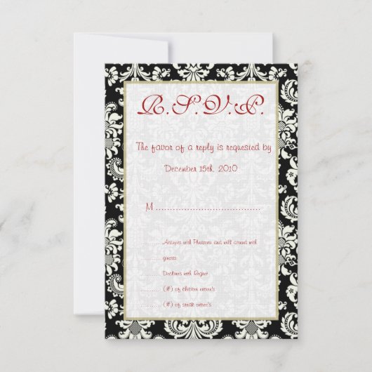 Zwart/wit Damask Bruiloft RSVP-kaart Kaart (Voorkant)