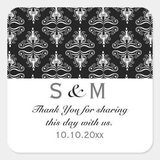 Zwart Wit Damask Dank u Monogram Bruiloft Vierkante Sticker (Voorkant)