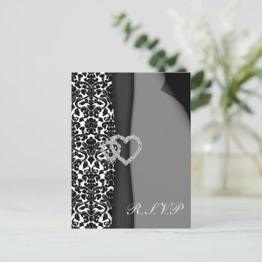 Zwart-wit Damask FAUX-lintdiamantopzet Uitnodiging Briefkaart (Staand voorkant)