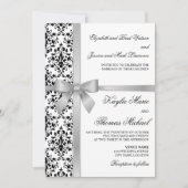 Zwart-wit Damask Faux Silver Ribbon Wedding Kaart (Voorkant)