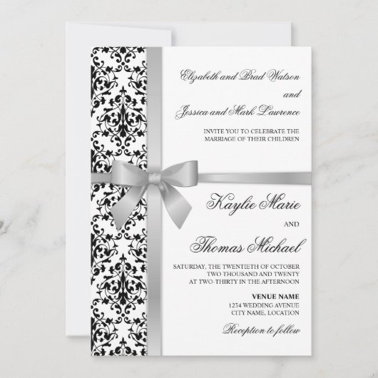 Zwart-wit Damask Faux Silver Ribbon Wedding Kaart (Voorkant)