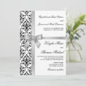 Zwart-wit Damask Faux Silver Ribbon Wedding Kaart (Staand voorkant)