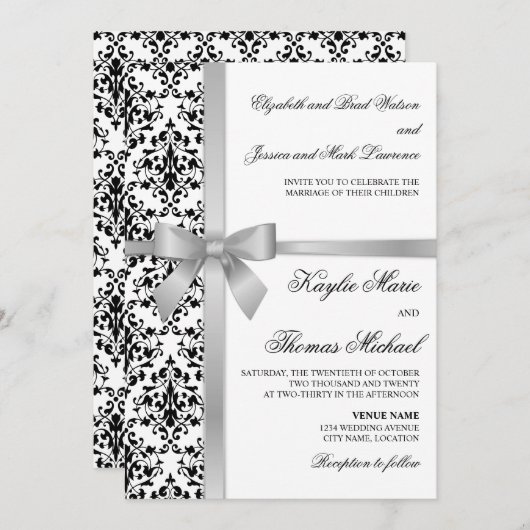 Zwart-wit Damask Faux Silver Ribbon Wedding Kaart (Voorkant / Achterkant)
