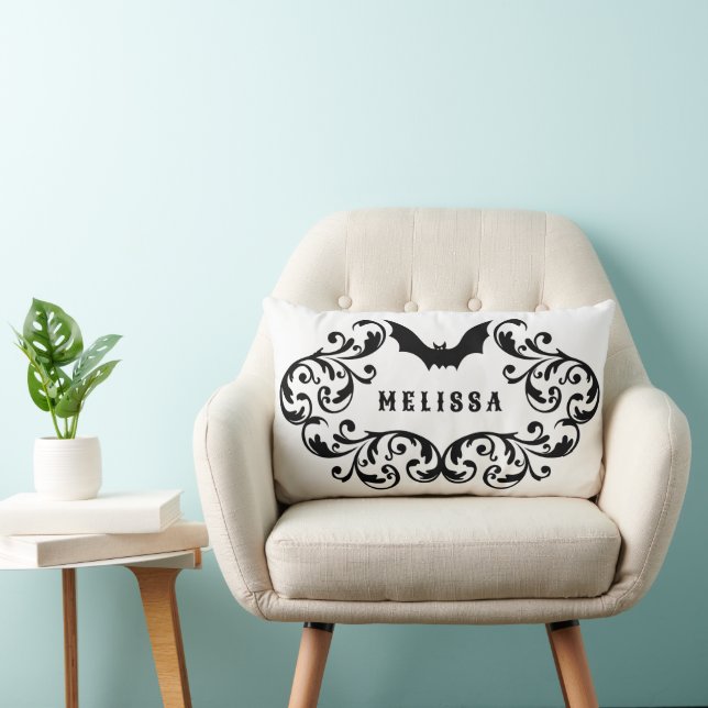 Zwart-wit Damask Glam Bat Gepersonaliseerd Kussen (Stoel)
