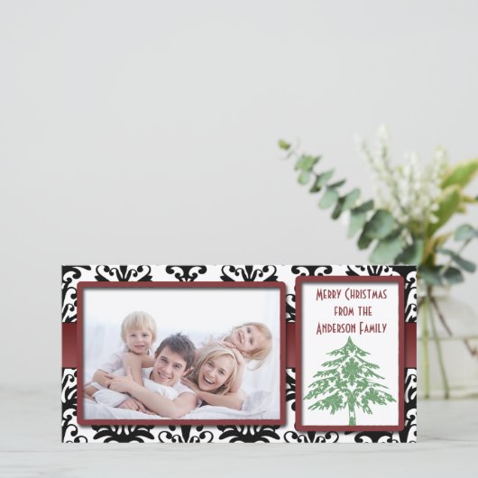 Zwart-wit Damask Green Damask Tree-fotokaarten Feestdagenkaart (Staand voorkant)