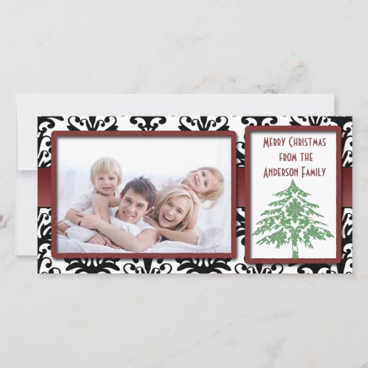 Zwart-wit Damask Green Damask Tree-fotokaarten Feestdagenkaart (Voorkant)