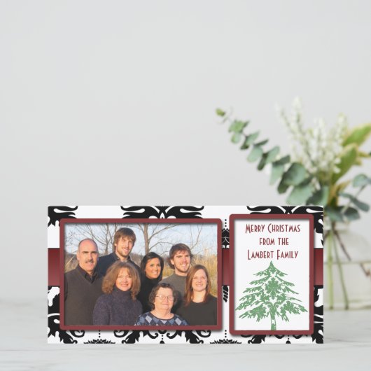 Zwart-wit Damask Green Damask Tree-fotokaarten Feestdagenkaart (Staand voorkant)