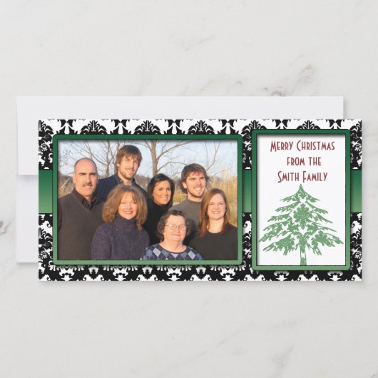 Zwart-wit Damask Green Damask Tree-fotokaarten Feestdagenkaart (Voorkant)