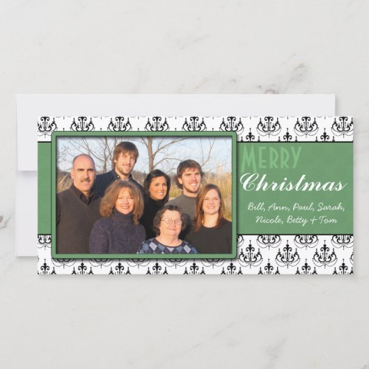 Zwart-wit Damask Green Trim Merry Kerstmis Feestdagenkaart (Voorkant)