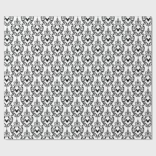 Zwart-wit Damask Halloween Bats Cadeaupapier (Vlak)