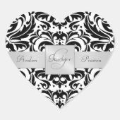 Zwart & Wit Damask Hart Bruiloft Sticker (Voorkant)