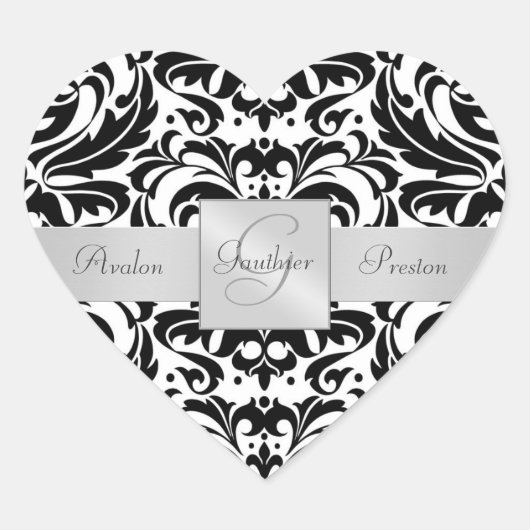 Zwart & Wit Damask Hart Bruiloft Sticker (Voorkant)