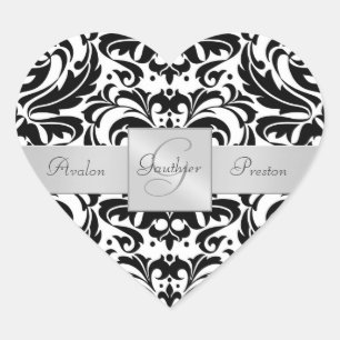 Zwart & Wit Damask Hart Bruiloft Sticker