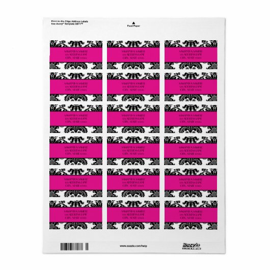 Zwart & Wit Damask, Hot Pink Etiket (Full Sheet)