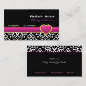 Zwart wit damask hot pink hart visitekaartje (Voorkant / Achterkant)