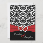 Zwart, wit Damask, Joined Hearts Bruiloft uitnodig Kaart (Voorkant)