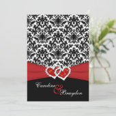 Zwart, wit Damask, Joined Hearts Bruiloft uitnodig Kaart (Staand voorkant)