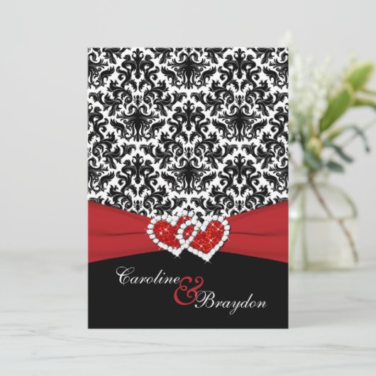 Zwart, wit Damask, Joined Hearts Bruiloft uitnodig Kaart (Staand voorkant)
