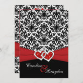 Zwart, wit Damask, Joined Hearts Bruiloft uitnodig Kaart (Voorkant / Achterkant)