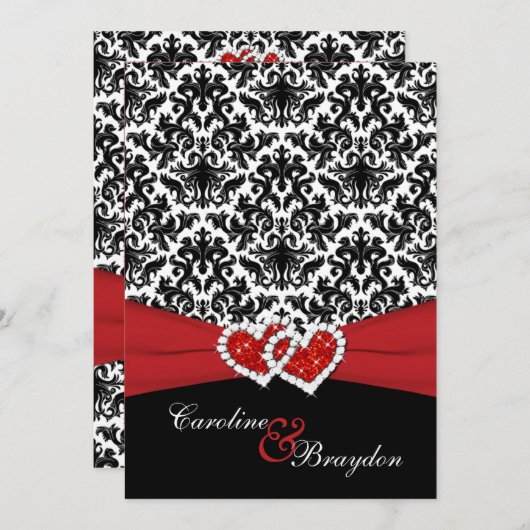 Zwart, wit Damask, Joined Hearts Bruiloft uitnodig Kaart (Voorkant / Achterkant)