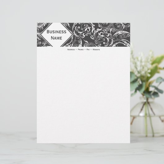 Zwart-wit Damask Letterhead Briefhoofd Sjabloon (Staand voorkant)