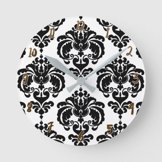 Zwart-wit Damask Modern, speciaal gepersonaliseerd Ronde Klok (Voorkant)