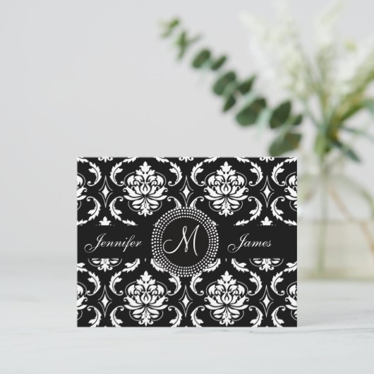 Zwart wit Damask Monogram Geel Sparen de Datum Save The Date (Staand voorkant)
