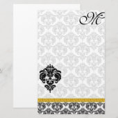 Zwart-wit Damask Monogram Gold Ribbon Briefpapier (Voorkant / Achterkant)