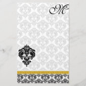 Zwart-wit Damask Monogram Gold Ribbon Briefpapier (Voorkant)