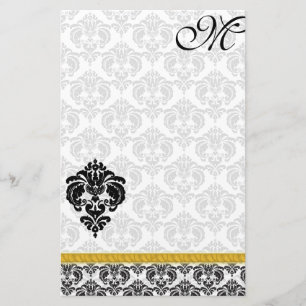 Zwart-wit Damask Monogram Gold Ribbon Briefpapier