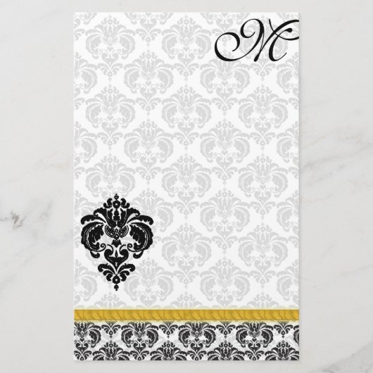 Zwart-wit Damask Monogram Gold Ribbon Briefpapier (Voorkant)