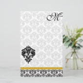 Zwart-wit Damask Monogram Gold Ribbon Briefpapier (Staand voorkant)