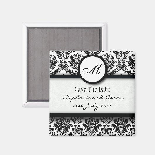 Zwart-wit Damask Monogram opslaan Datum Magneet (Voorkant / Achterkant)