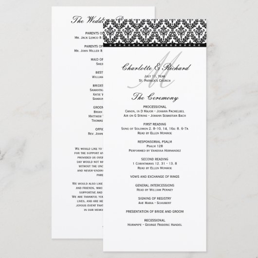 Zwart-wit Damask Monogram Wedding Programma Programmakaart (Voorkant / Achterkant)