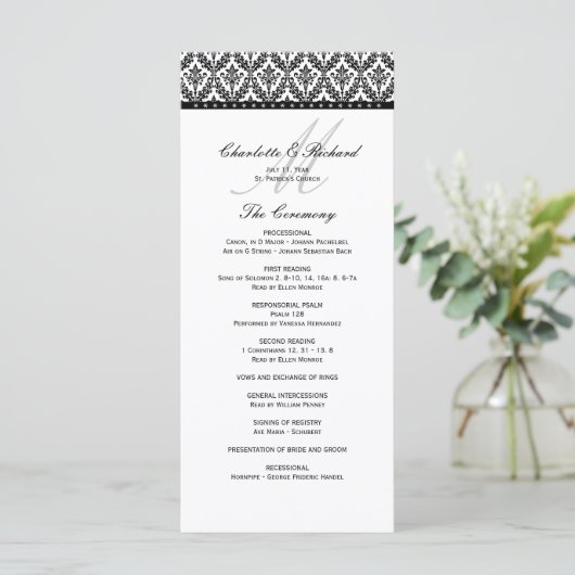 Zwart-wit Damask Monogram Wedding Programma Programmakaart (Staand voorkant)