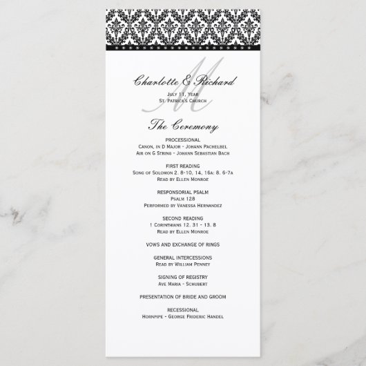 Zwart-wit Damask Monogram Wedding Programma Programmakaart (Voorkant)