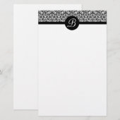 Zwart-wit Damask Monogrammed Schrijfpapier Briefpapier (Voorkant / Achterkant)